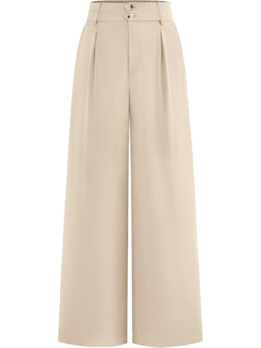 Women's Wide Leg Dress Pants Beige High Waisted Button Pleated Trousers Palazzo